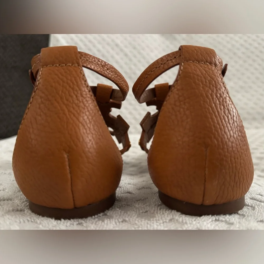 Tory Burch Phoebe Flat Thong Tumbled Leather Sandal Royal Tan Brown Size 6 30437 - Picture 8 of 16